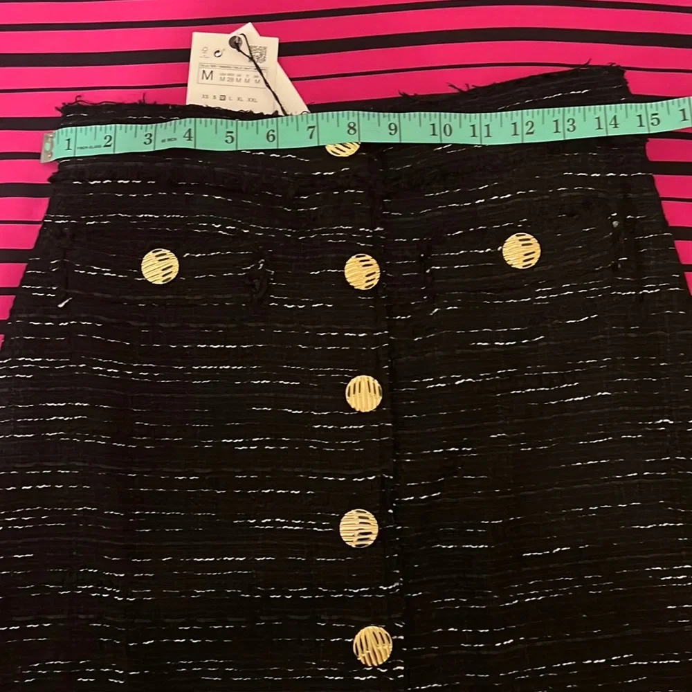 Zara Black Tweed Texture Gold Metallic Buttons Front Slit Midi Pencil Skirt - Picture 14 of 16